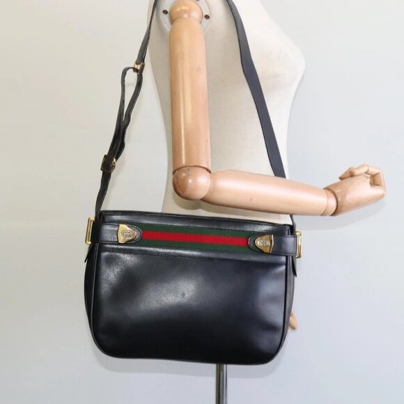 GUCCI Web Sherry Line Shoulder Bag Leather Black Gold Red Auth IN032 - Picture 15 of 16